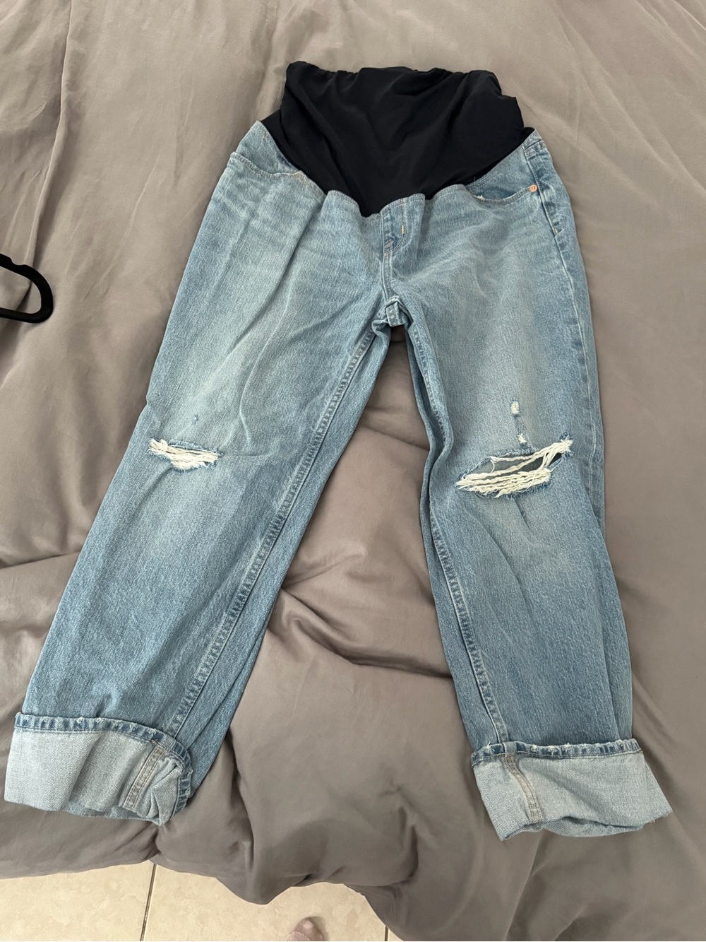 Maternity Light Blue Distressed Relaxed Jeans with Black Waist Panel